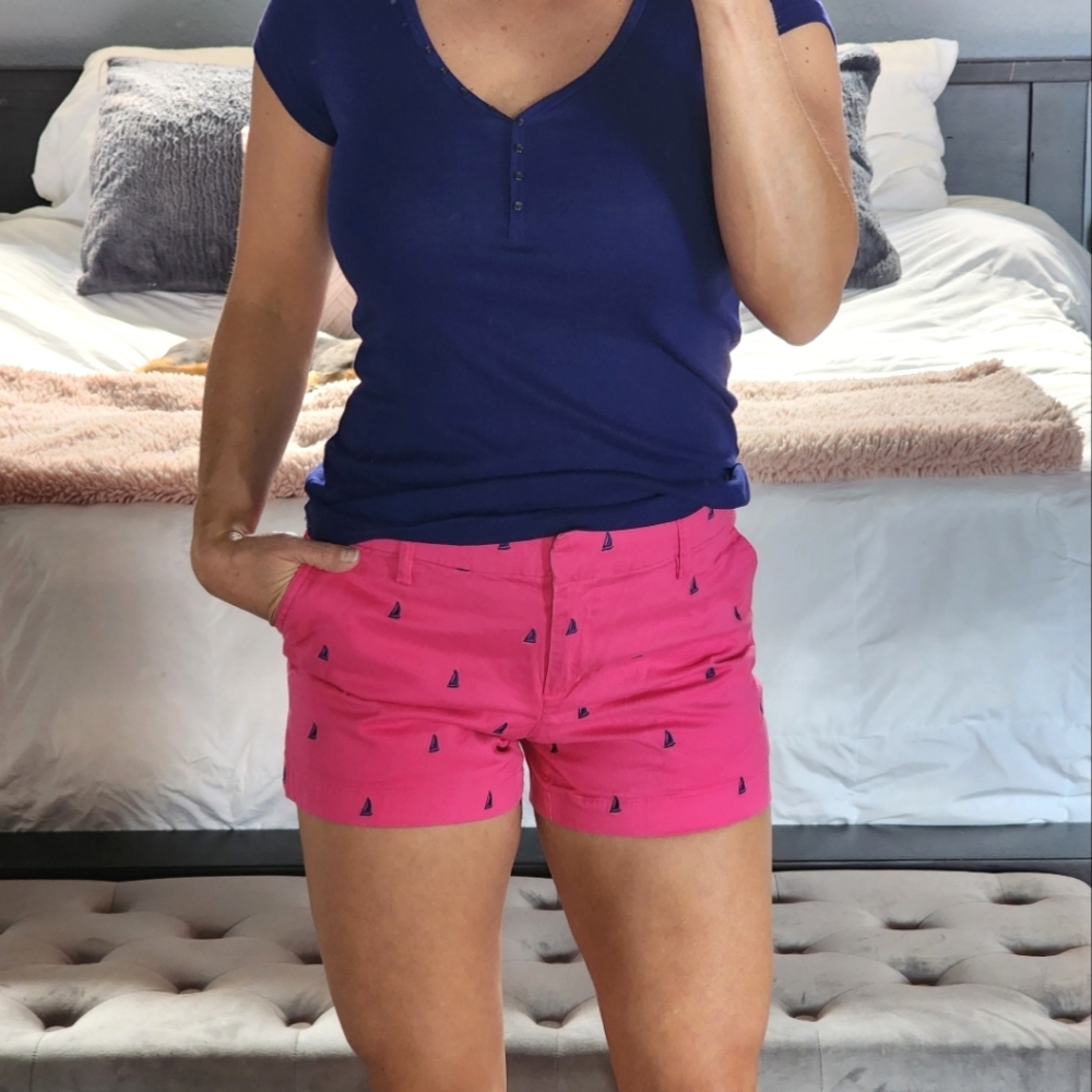 Pink and blue pattern chino shorts